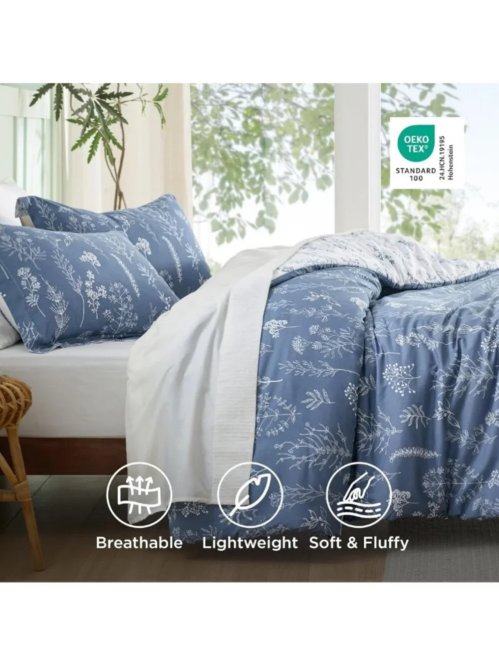 Floral Reversible Comforter Set - Cute Queen Bedding in Infinity Blue Design